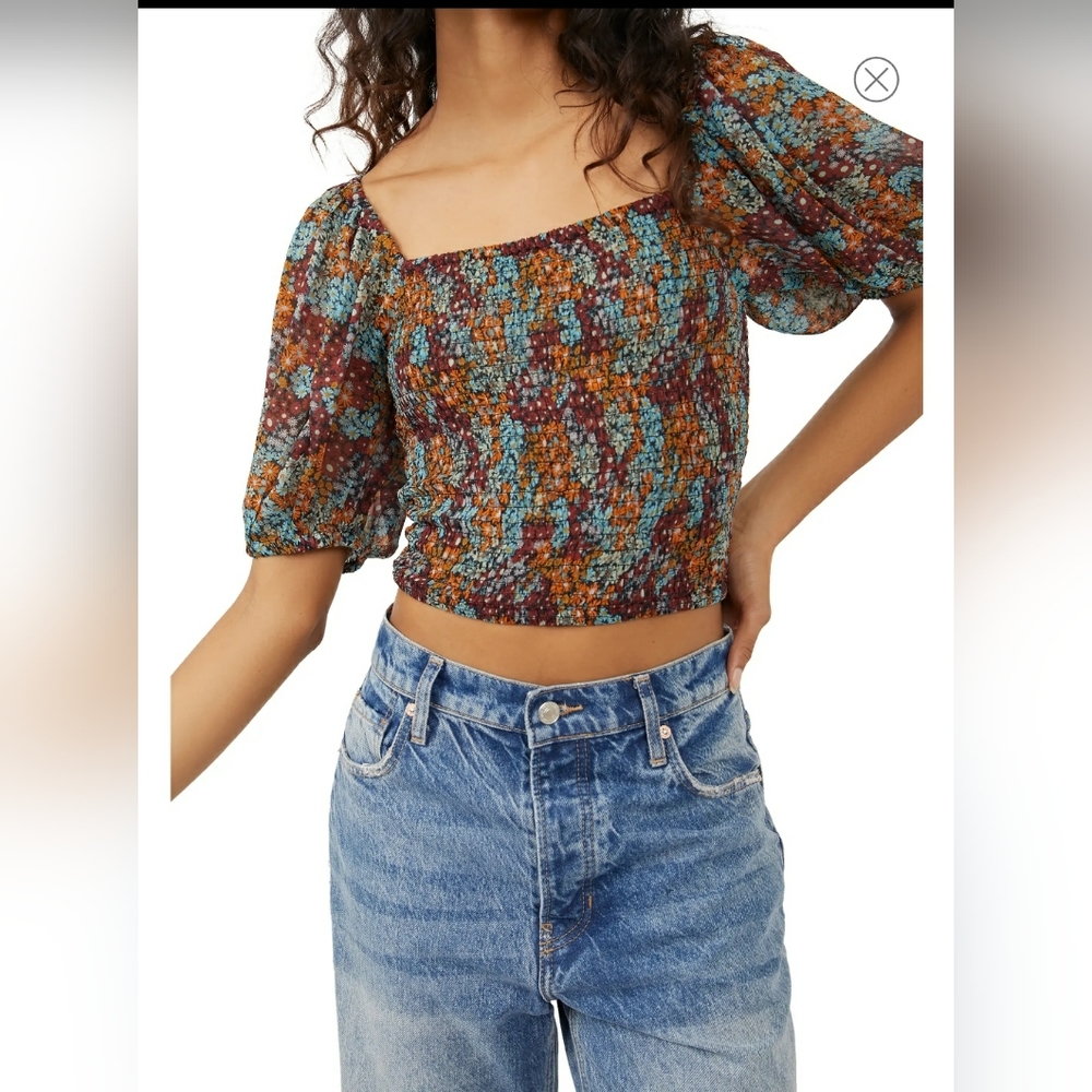 Free People Smocked Puff Sleeve Crop Top